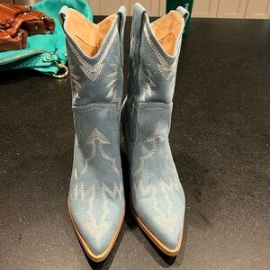 Amazon Blue Western Ankle Boots with White Stitching